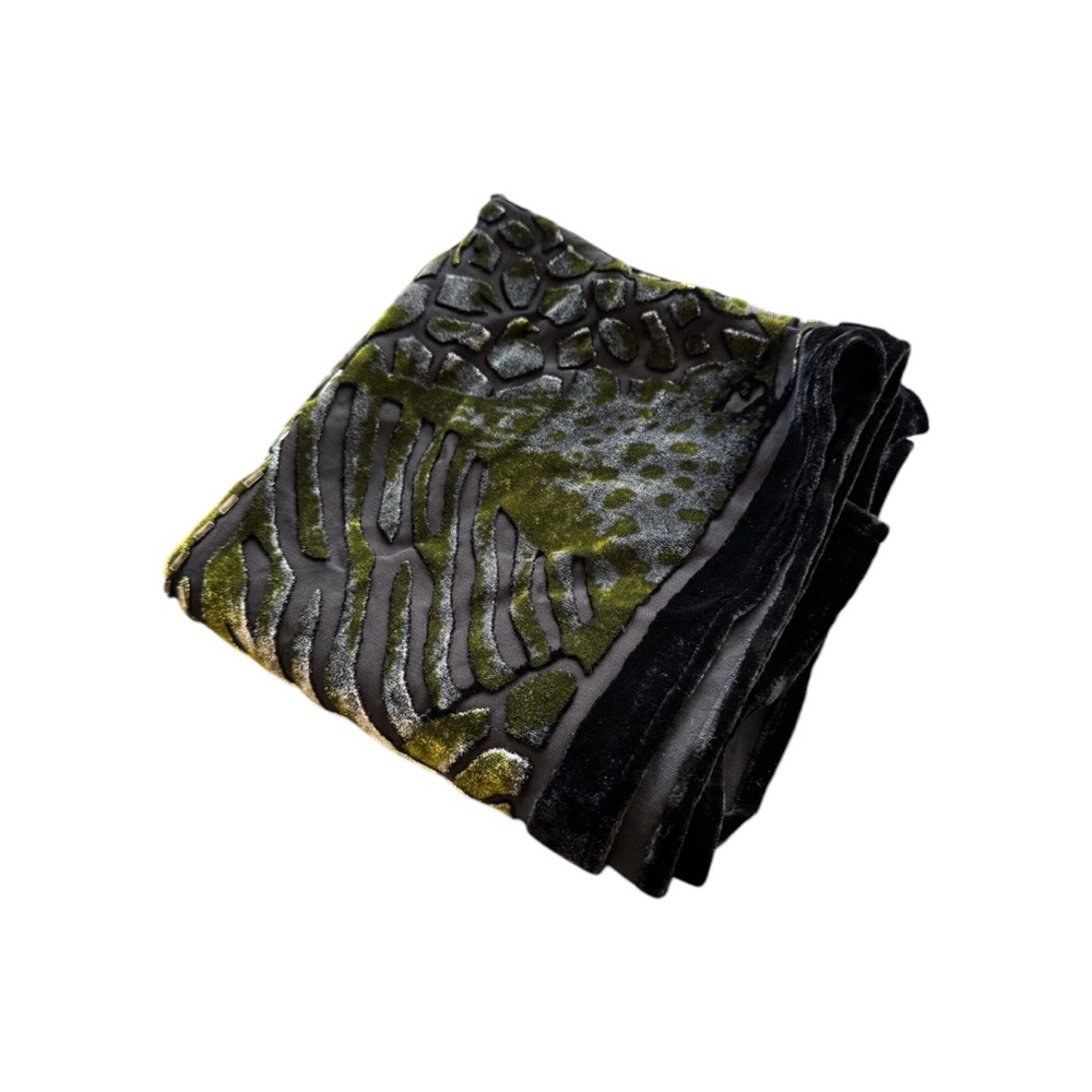 Vintage 90s Black Green Beaded Velvet Burnout Silk Shawl Scarf - Picture 6 of 8
